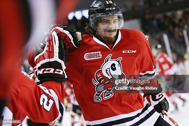 Cody Payne of the Niagara IceDogs celebrates a goal during Game 6 of the Eastern Conference Quarter-Finals against the Ottawa 67's at the Meridian...