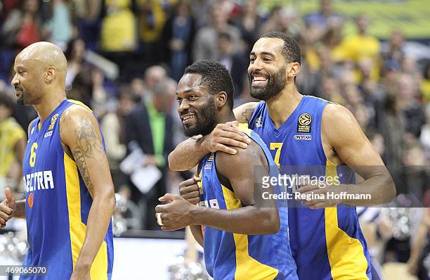 Devin Smith, #6, Jeremy Pargo, #4 and Brian Randle, #7 of Maccabi Electra Tel Aviv celebrating after the Turkish Airlines Euroleague Basketball Top...