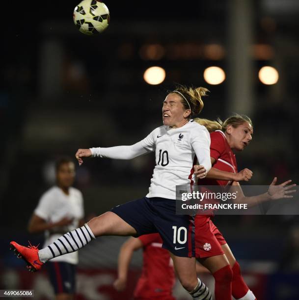 Canada's Kaylyn Kyle vies with France's midfielder Camille Abily during the friendly football match France vs Canada, on April 9, 2015 at the Stade...