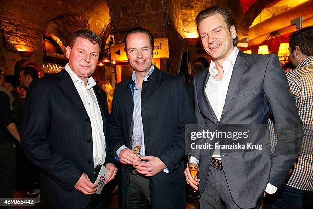 Ralph Fuerther, Kay Dammholz and Thomas Lindner attend the German premiere of Game of Thrones S5 at Apfelwein Klaus which starts on April 12th on Sky...