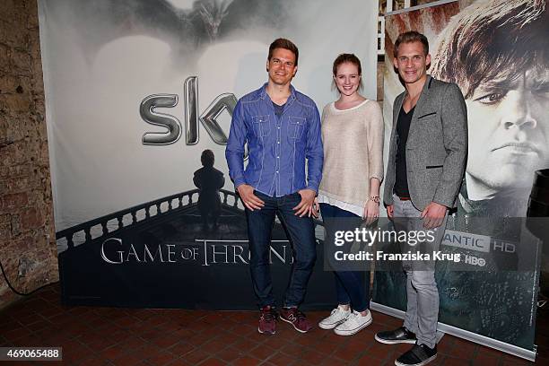 Marc Behrenbeck, Anina Haghani and Thomas Fleischmann attend the German premiere of Game of Thrones S5 at Apfelwein Klaus which starts on April 12th...