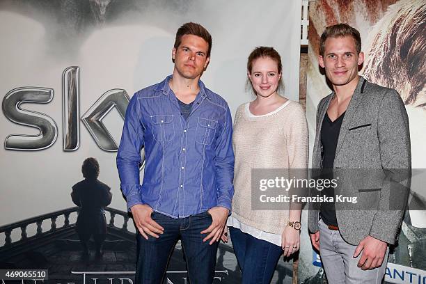 Marc Behrenbeck, Anina Haghani and Thomas Fleischmann attend the German premiere of Game of Thrones S5 at Apfelwein Klaus which starts on April 12th...