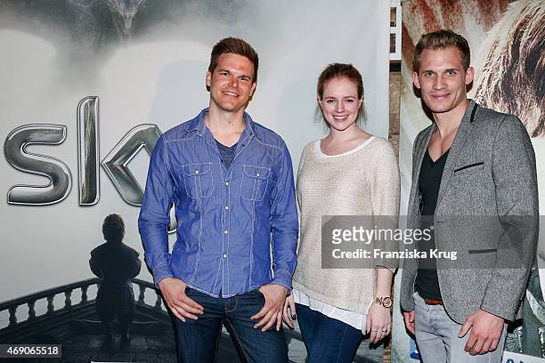 Marc Behrenbeck, Anina Haghani and Thomas Fleischmann attend the German premiere of Game of Thrones S5 at Apfelwein Klaus which starts on April 12th...