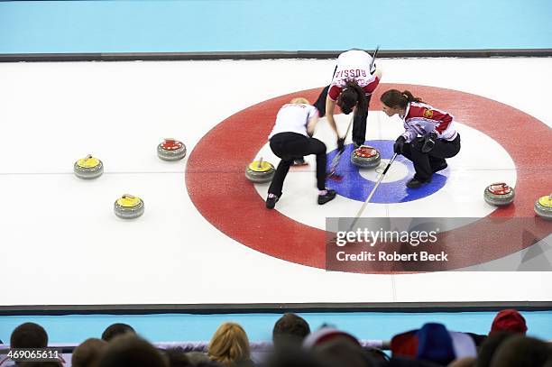 Winter Olympics: View of Team Russia Anna Sidorova and Ekaterina Galkina in action during Women's Round Robin Session at Ice Cube Curling Center....