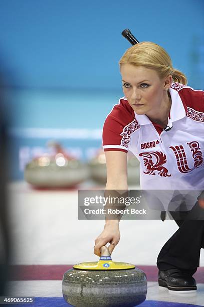 Winter Olympics: Team Russia Alexandra Saitova in action during Women's Round Robin Session at Ice Cube Curling Center. Sochi, Russia 2/12/2014...