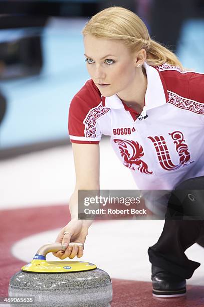 Winter Olympics: Team Russia Alexandra Saitova in action during Women's Round Robin Session at Ice Cube Curling Center. Sochi, Russia 2/12/2014...