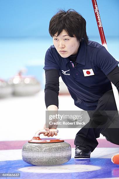 Winter Olympics: Team Japan Michiko Tomabechi in action during Women's Round Robin Session at Ice Cube Curling Center. Sochi, Russia 2/12/2014...