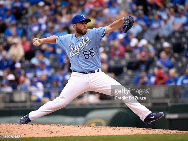 Greg Holland of the Kansas City Royals throws in the ninth inning during a game against the Chicago White Sox on April 9, 2015 at Kauffman Stadium in...