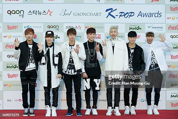 Members of South Korean boy band BTS attend 3rd Gaon Chart K-Pop Awards at Olympic Gym on February 12, 2014 in Seoul, South Korea.