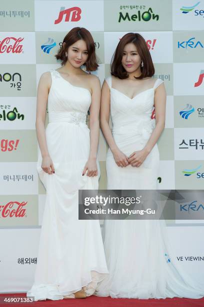 Kang Min-Kyung and Lee Hae-Ri of South Korean girl group Davichi attend 3rd Gaon Chart K-Pop Awards at Olympic Gym on February 12, 2014 in Seoul,...