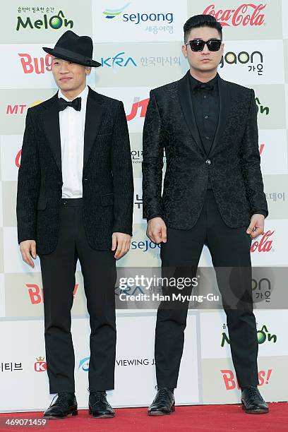 Members of South Korean hip hop band Dynamic Duo attend 3rd Gaon Chart K-Pop Awards at Olympic Gym on February 12, 2014 in Seoul, South Korea.