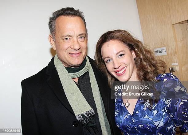 Tom Hanks and Jessie Mueller as "Carole King" pose backstage at the hit Carole King musical "Beautiful" on Bropadway at The Stephen Sondheim Theater...