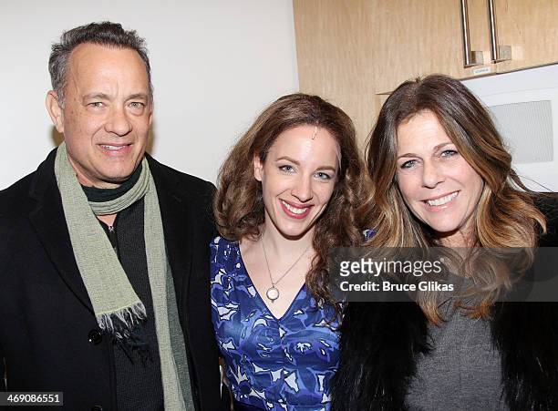 Tom Hanks, Jessie Mueller as "Carole King" and Rita Wilson pose backstage at the hit Carole King musical "Beautiful" on Bropadway at The Stephen...