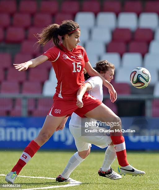 Jodie Brett of England and Cinzia Zehnder of Switzerland during the UEFA U19 Women's Qualifier between England and Switzerland at Seaview on April 9,...