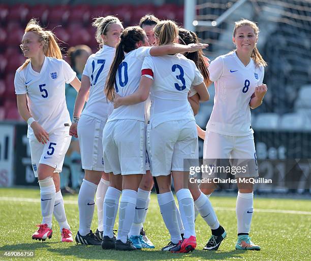 Jenna Dear of England celebrates scoring during the UEFA U19 Women's Qualifier between England and Switzerland at Seaview on April 9, 2015 in...