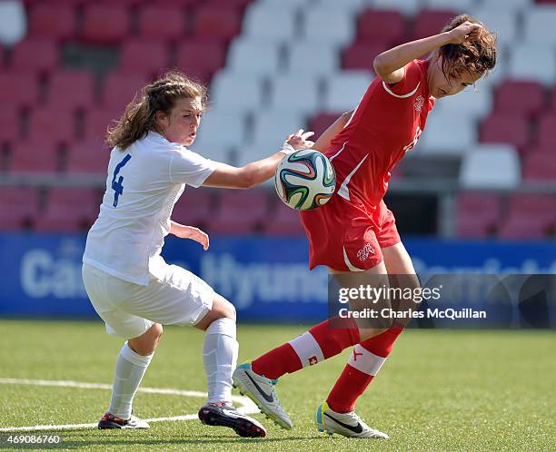 Jodie Brett of England and Cinzia Zehnder of Switzerland during the UEFA U19 Women's Qualifier between England and Switzerland at Seaview on April 9,...