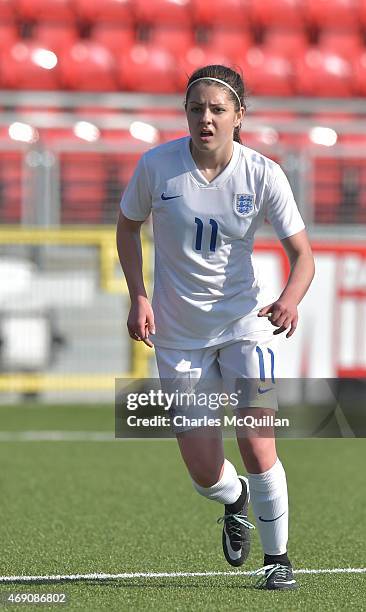 Carla Humphrey of England during the UEFA U19 Women's Qualifier between England and Switzerland at Seaview on April 9, 2015 in Belfast, Northern...