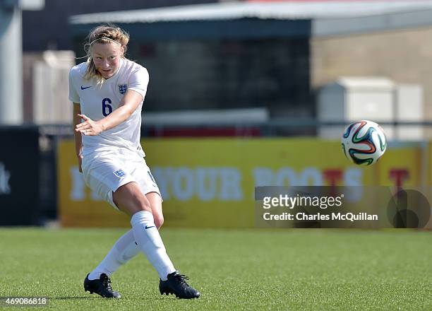 Ellie Stewart of England during the UEFA U19 Women's Qualifier between England and Switzerland at Seaview on April 9, 2015 in Belfast, Northern...