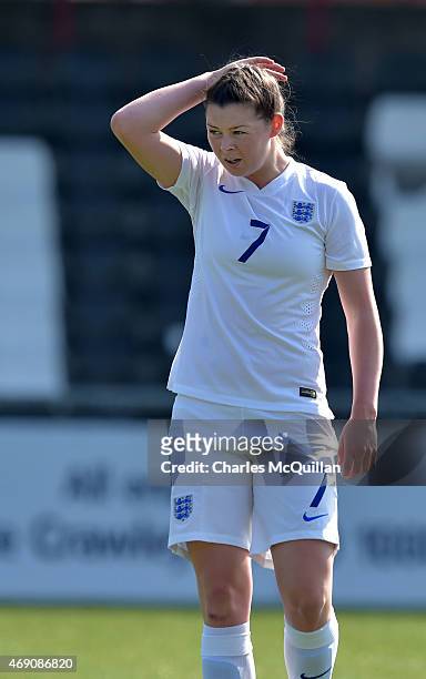 Natasha Flint of England during the UEFA U19 Women's Qualifier between England and Switzerland at Seaview on April 9, 2015 in Belfast, Northern...