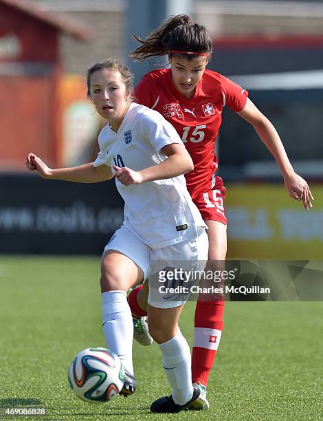 Katie Zelem of England and Cinzia Zehnder of Switzerland during the UEFA U19 Women's Qualifier between England and Switzerland at Seaview on April 9,...