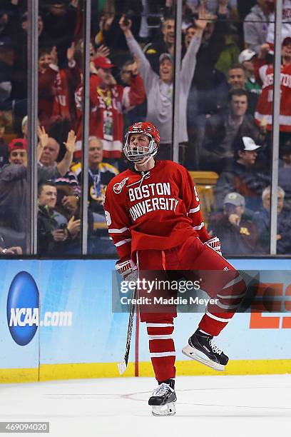 Jack Eichel of the Boston Terriers celebrates after scoring a goal against North Dakota during the first period of the 2015 NCAA Division I Men's...