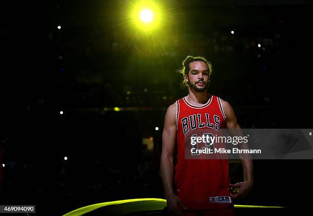 Joakim Noah of the Chicago Bulls looks on during a game against the Miami Heat at American Airlines Arena on April 9, 2015 in Miami, Florida. NOTE TO...