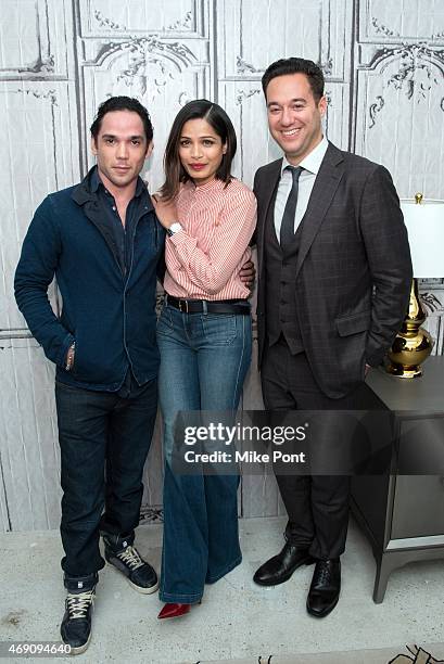 Actors Reece Ritchie and Freida Pinto, and Director Richard Raymond attend the AOL BUILD Speaker Series: The Cast Of "Desert Dancer" at AOL Studios...