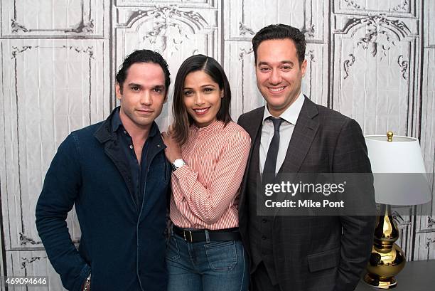 Actors Reece Ritchie and Freida Pinto, and Director Richard Raymond attend the AOL BUILD Speaker Series: The Cast Of "Desert Dancer" at AOL Studios...