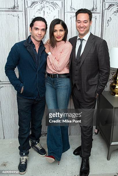 Actors Reece Ritchie and Freida Pinto, and Director Richard Raymond attend the AOL BUILD Speaker Series: The Cast Of "Desert Dancer" at AOL Studios...