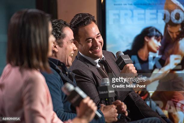 Actors Freida Pinto and Reece Ritchie, and Director Richard Raymond attend the AOL BUILD Speaker Series: The Cast Of "Desert Dancer" at AOL Studios...