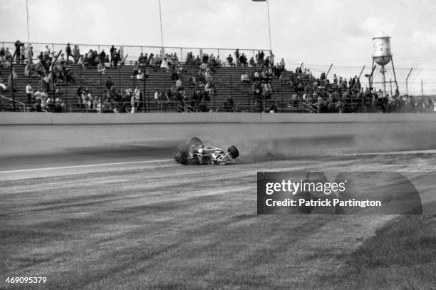 View of the fatal race car crash of American driver Art Pollard during a practice race for the Indianapolis 500, Indianapolis, Indiana, May 12, 1973.