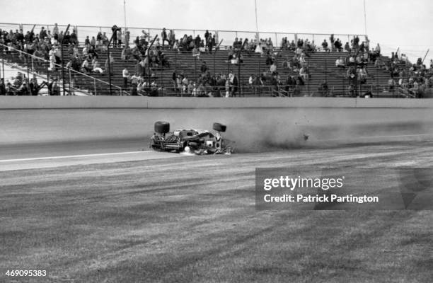 View of the fatal race car crash of American driver Art Pollard during a practice race for the Indianapolis 500, Indianapolis, Indiana, May 12, 1973.