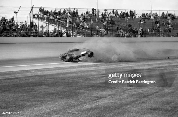 View of the fatal race car crash of American driver Art Pollard during a practice race for the Indianapolis 500, Indianapolis, Indiana, May 12, 1973.