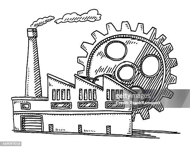 factory building gear symbol drawing - smoke stack stock illustrations