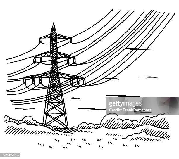 power transmission line landscape drawing - warning sign white background stock illustrations