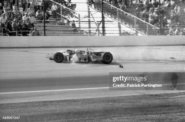 View of the fatal race car crash of American driver Art Pollard during a practice race for the Indianapolis 500, Indianapolis, Indiana, May 12, 1973.
