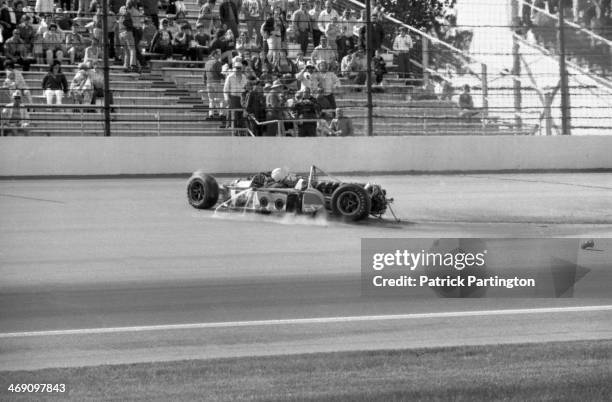 View of the fatal race car crash of American driver Art Pollard during a practice race for the Indianapolis 500, Indianapolis, Indiana, May 12, 1973.