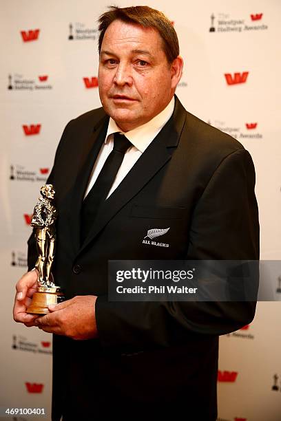 All Black coach Steve Hansen poses with the Sky Sport Coach of the Year award during the Westpac Halberg Awards at Vector Arena on February 13, 2014...