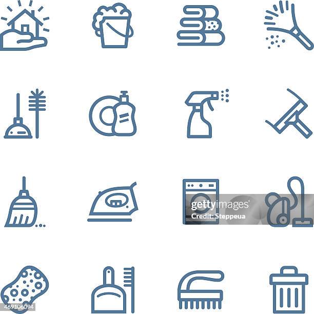 cleaning line icons - broom vector stock illustrations