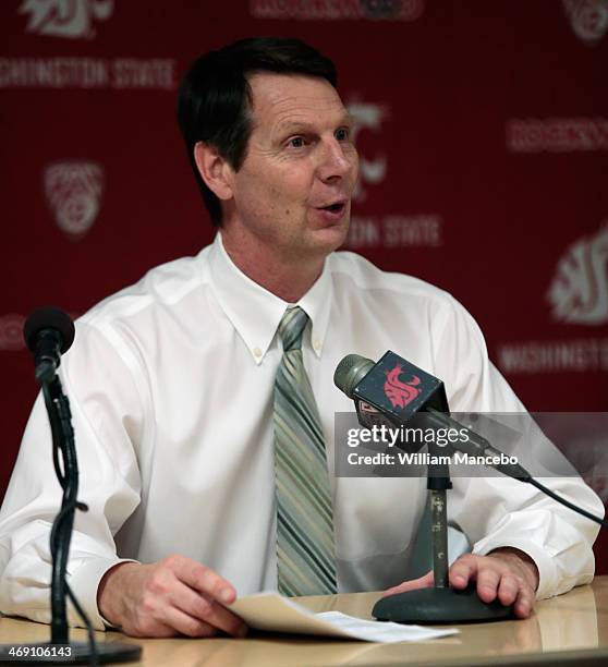 Head coach Ken Bone of the Washington State Cougars talks to the media after the game against the California Golden Bears at Beasley Coliseum on...