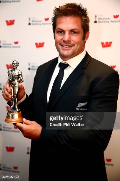Richie McCaw poses with the Sport New Zealand Leadership Award during the Westpac Halberg Awards at Vector Arena on February 13, 2014 in Auckland,...