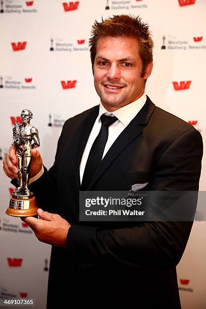 Richie McCaw poses with the Sport New Zealand Leadership Award during the Westpac Halberg Awards at Vector Arena on February 13, 2014 in Auckland,...