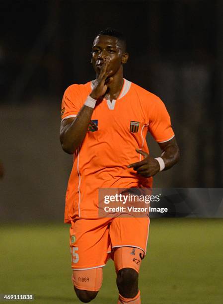 Yony Gonzalez of Envigado celebrates after scoring a goal during a match between Envigado FC and Once Caldas as part of round 14 of Liga Aguila I...