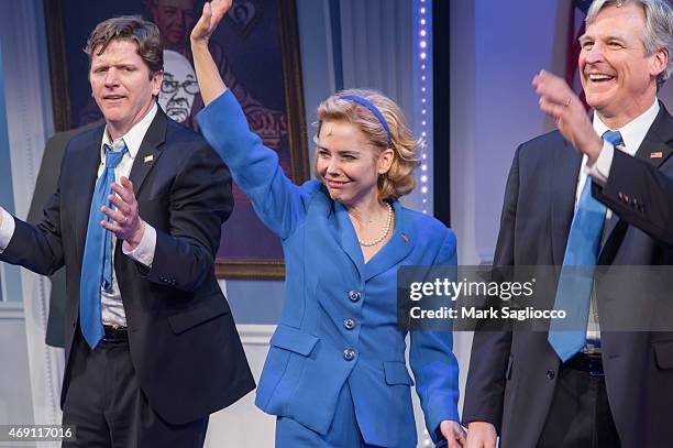 Actors Duke Lafoon , Kerry Butler, and Tom Galantich attend the "Clinton the Musical" Opening Night Curtain Call at New World Stages on April 9, 2015...