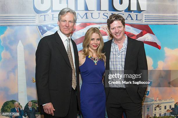 Actors Tom Galantich , Kerry Butler and Duke Lafoon attend the "Clinton the Musical" Opening Night Curtain Call at New World Stages on April 9, 2015...