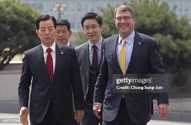 South Korean Defense Minister Han Min-Koo and U.S. Secretary Of Defense Ashton Carter arrive for a welcoming ceremony before their meeting on April...