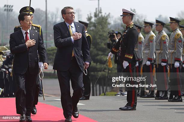 South Korean Defense Minister Han Min-Koo inspects a guard of honour with U.S. Secretary Of Defense Ashton Carter during a welcoming ceremony before...