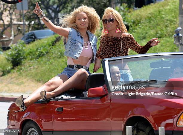 Iggy Azalea and Britney Spears are seen on set of their music video on April 09, 2015 in Los Angeles, California.