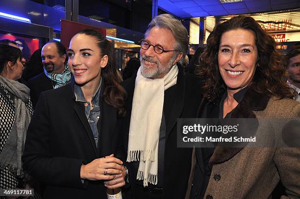 Maddalena Hirschal, Adi Hirschal and Adele Neuhauser attend the Austrian premiere of 'Das Finstere Tal' at Gartenbau cinema on February 11, 2014 in...