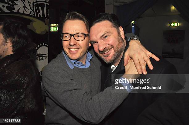 Serge Falck and Martin Leutgeb pose for a photograph during the after party for the Austrian premiere of 'Das Finstere Tal' at Badeschiff on February...